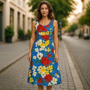 Jams World Womens Delight Floral Hawaiian Midi Tank Dress Pockets Boho | L EUC